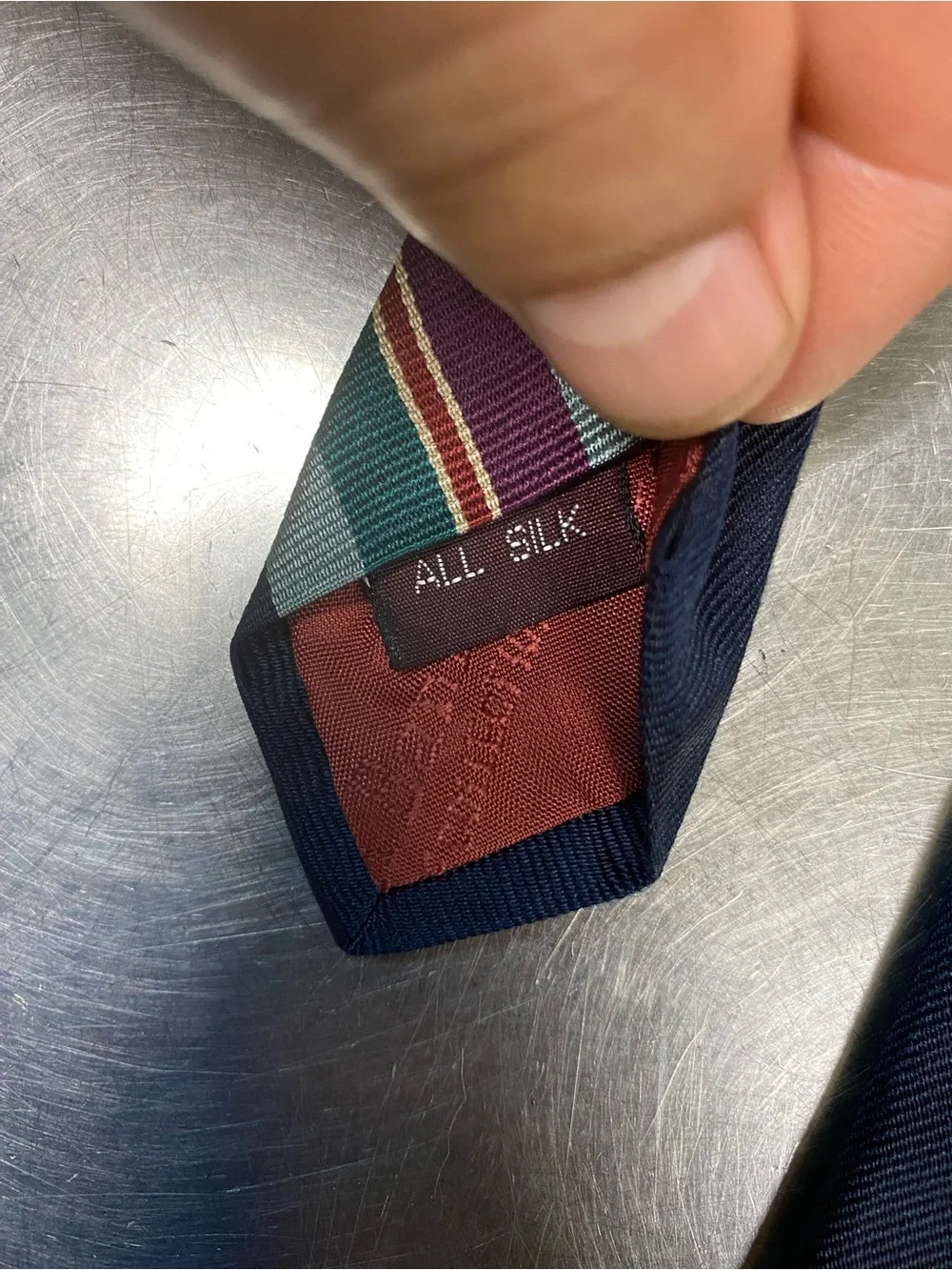 Navy Striped Men's Silk Tie with Green and Burgundy Bands